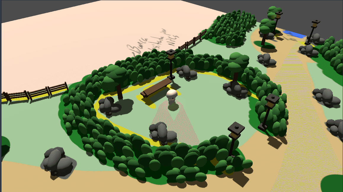 Graybox prototype of the main path connecting Grafito's workshop to the town, featuring trees, benches, lanterns, and natural landmarks.